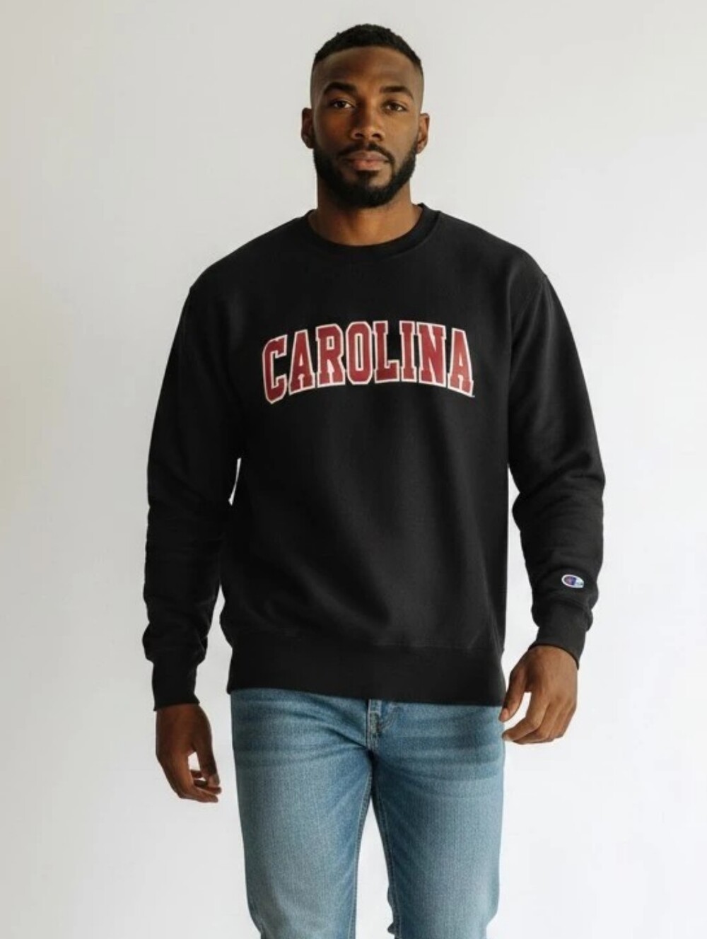 Champion Black Crewneck Sweatshirt with Maroon Carolina Script Mens Medium